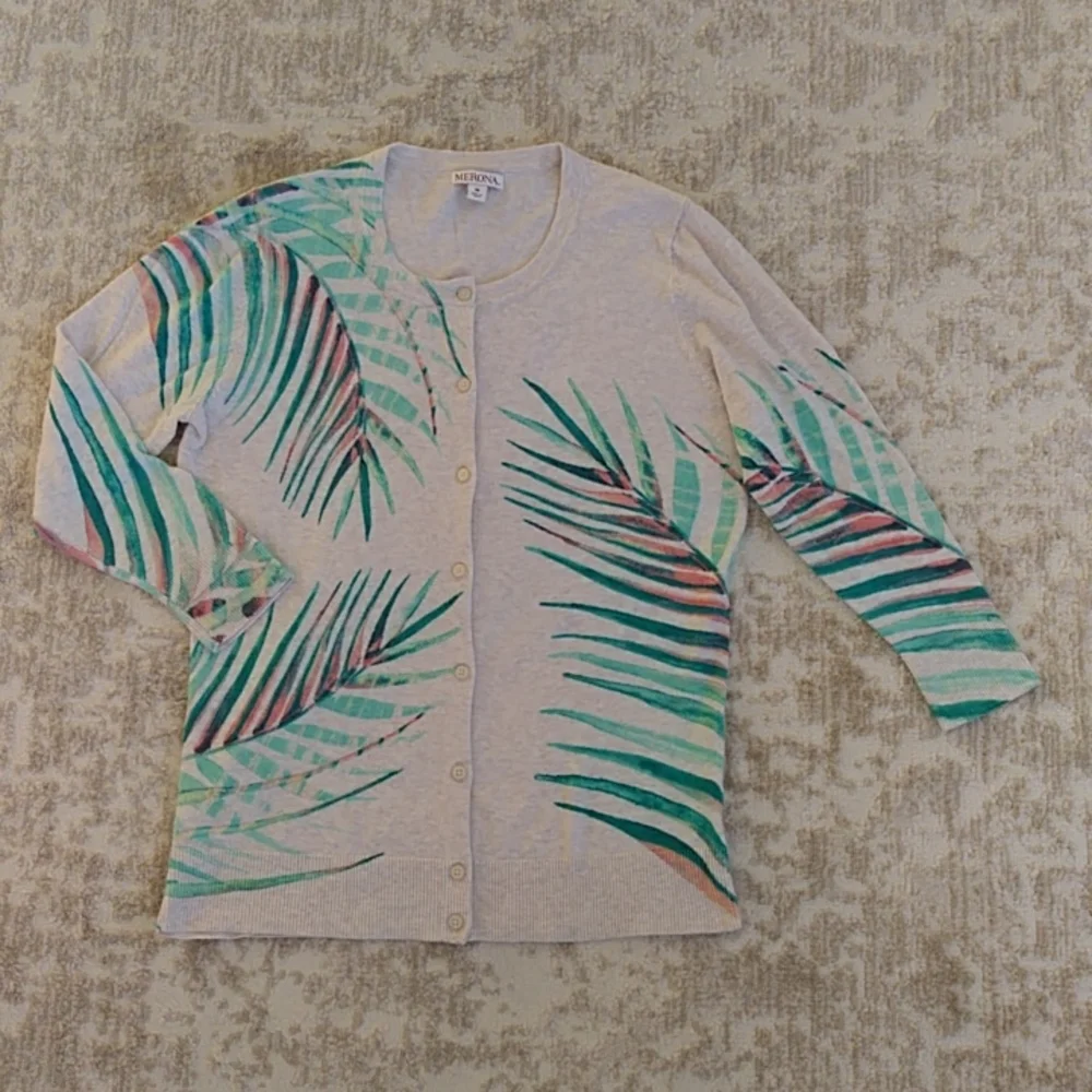 Merona Tropical Palm Leaf Print Heathered Button Up Cardigan Sweater MEDIUM Tan - Picture 9 of 15
